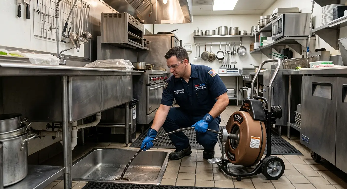 Commercial drain cleaning service in a restaurant kitchen in Castroville