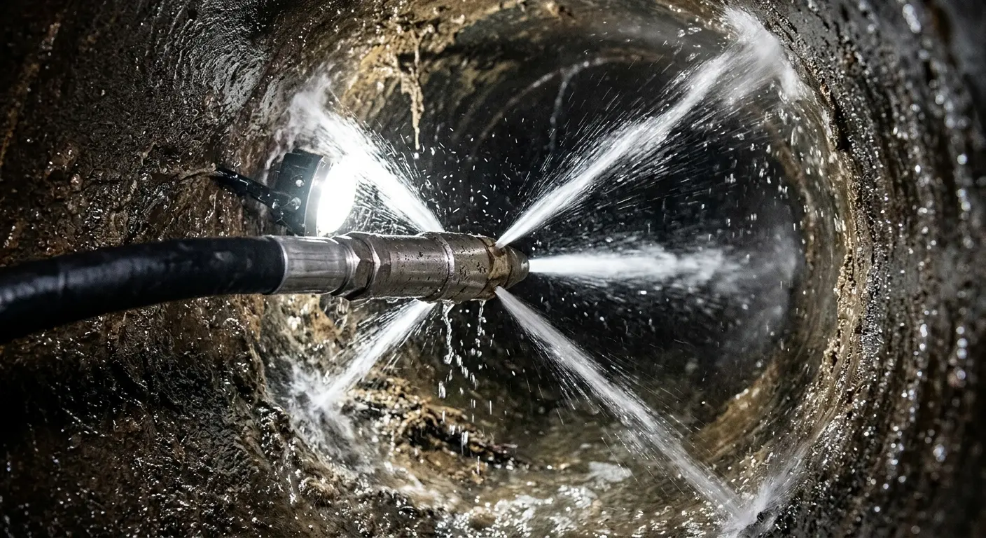 High-pressure hydro jetting nozzle cleaning sewer pipe for Sewer Cleanout in Castroville