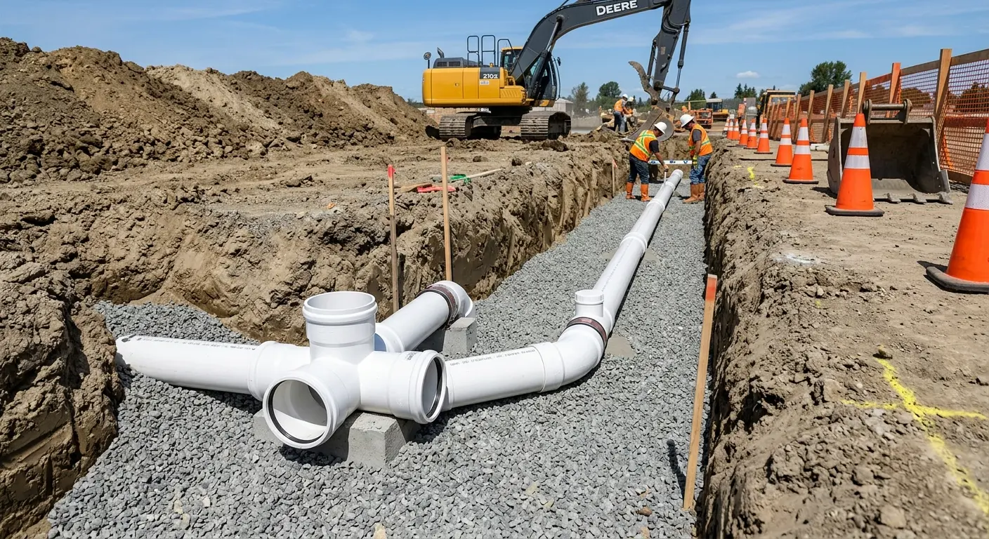 New PVC sewer pipe installation in open trench for Sewer Backup in Castroville
