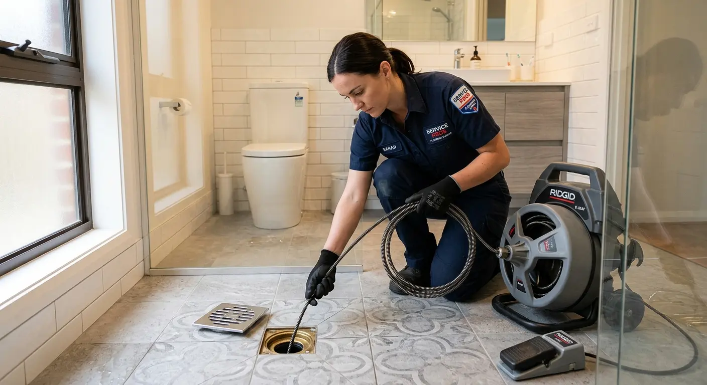 Technician clearing a bathroom floor drain for Drain Cleaning in Castroville